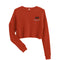 brick red sweatshirt with unfinished hem